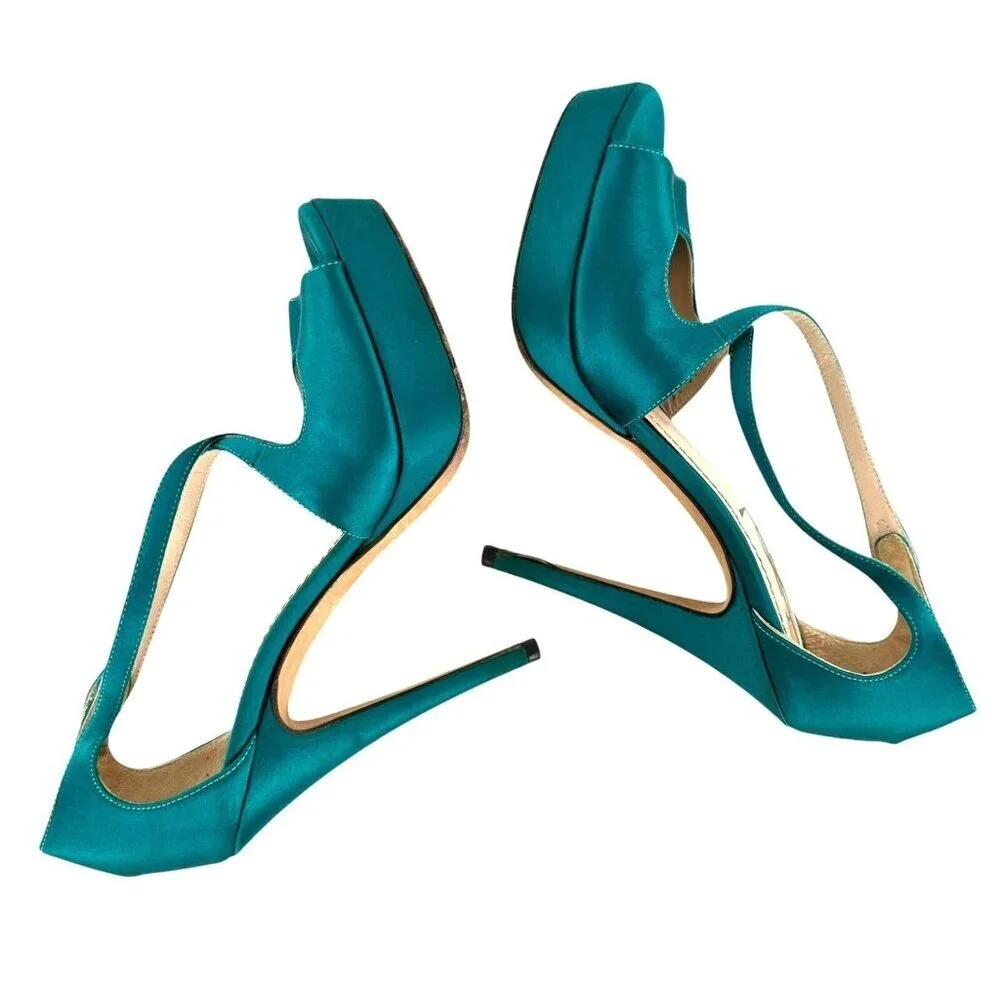 Saint Laurent Paris Turquoise Satin Tribute Cross Strap Platform Sandals Size 35 - Picture 6 of 11